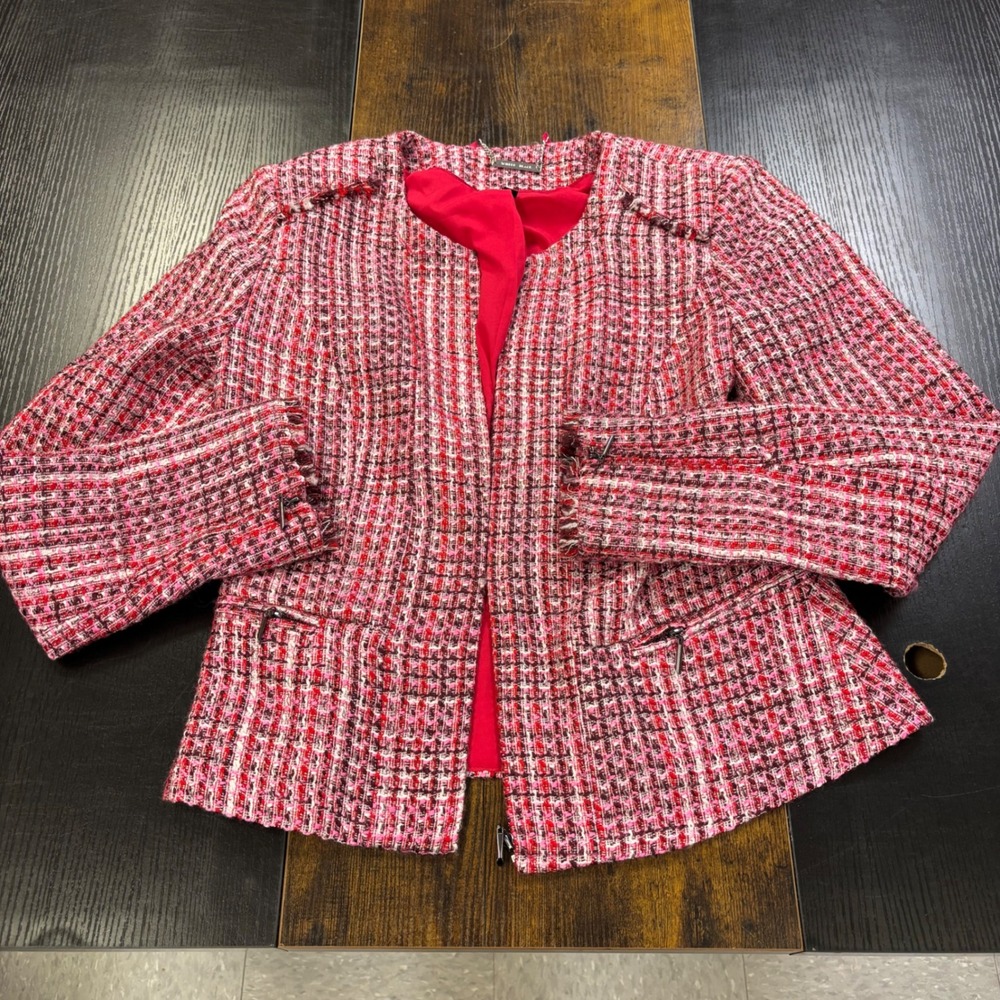 White House Black Market‎ Red Pink Tweed Zip Front Peplum Blazer Jacket Size 4